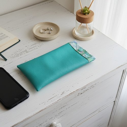Etui simili cuir vert turquoise et coton pour téléphone portable