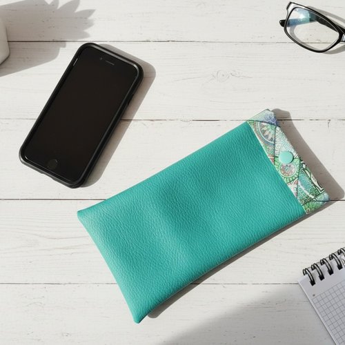 Etui simili cuir vert turquoise et coton pour téléphone portable