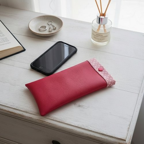 Etui simili cuir rouge et coton pour téléphone portable