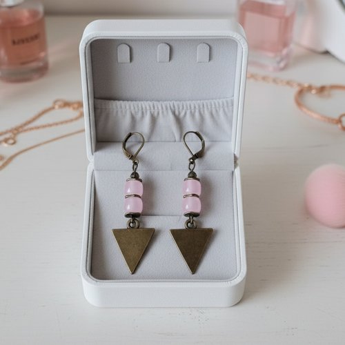 Boucles d'oreilles pendentif métal et perles en verre colonne