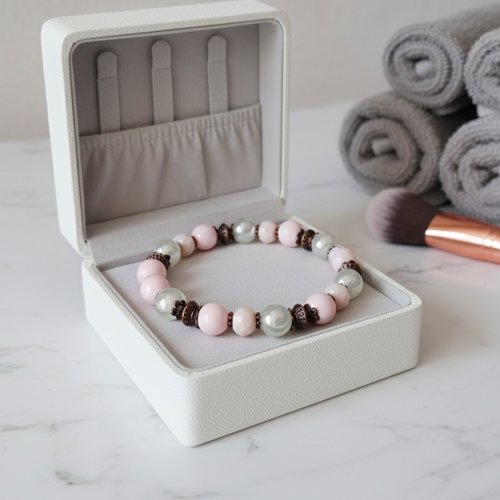 Bracelet perles en verre beige et rose