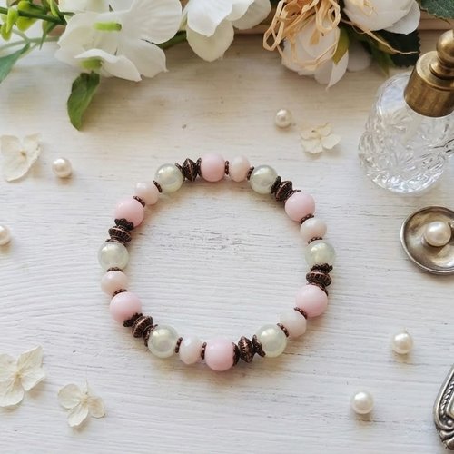 Bracelet perles en verre beige et rose
