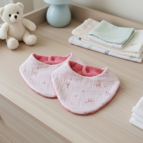 Lot de 2 bavoirs bébé double gaze rose et éponge bambou