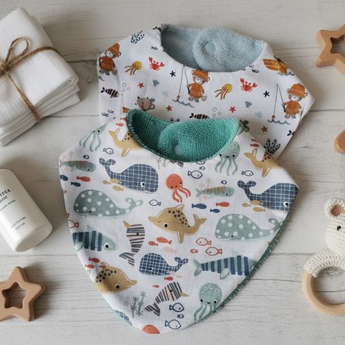 Lot de 2 bavoirs bébé coton et éponge bambou