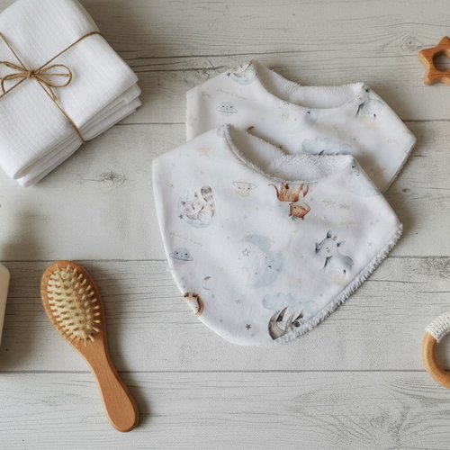 Lot de 2 bavoirs bébé coton et éponge bambou