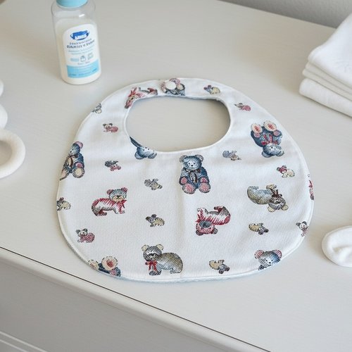 Bavoir bébé coton motif oursons et nid d'abeilles bleu