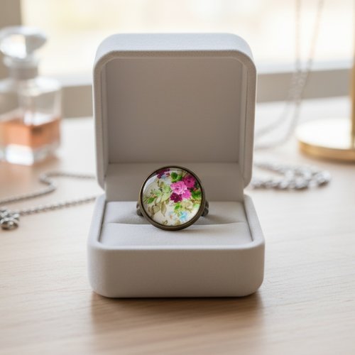 Bagues cabochon verre 16 mm fleur rose