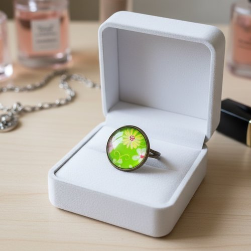 Bagues cabochon verre 16 mm motifs fleurs multicolores