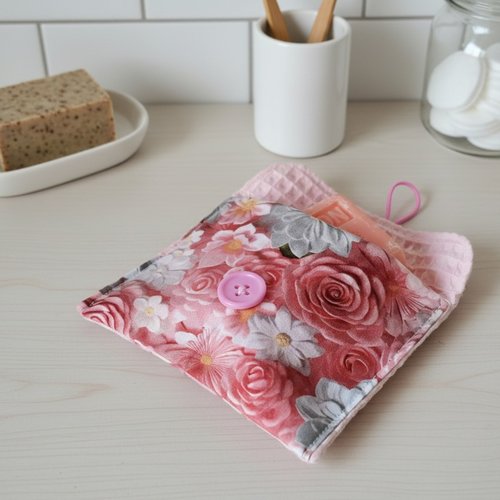 Pochette à savon tissus coton imprimé et nid d'abeilles rose