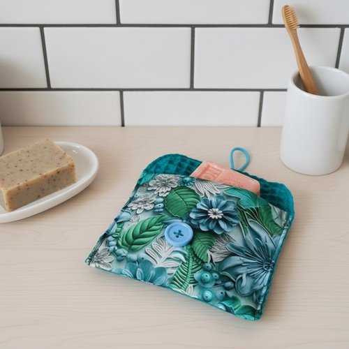 Pochette à savon tissus coton imprimé et nid d'abeilles turquoise
