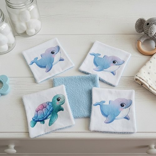 Lot de 4 lingettes bébé coton imprimé animaux
