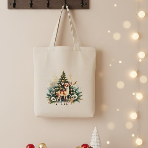 Sac tote bag de noël beige et motif faon