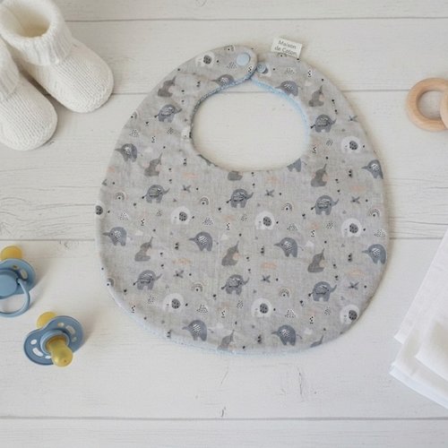 Bavoir bébé coton bleu et motif éléphants