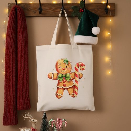 Sac tote bag de noël beige et motif bonhomme pain d'épices