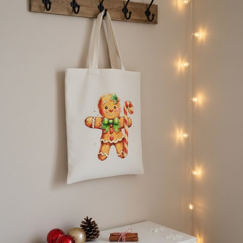 Sac tote bag de noël beige et motif bonhomme pain d'épices