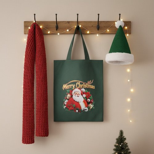 Sac tote bag de noël vert et motif père noël