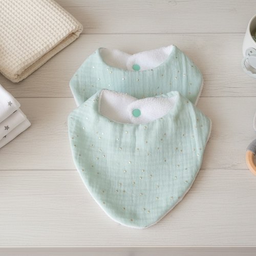 Lot de 2 bavoirs bébé double gaze vert et éponge bambou