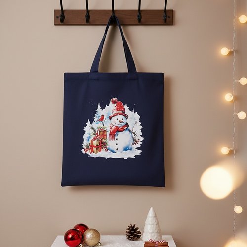 Sac tote bag de noël bleu marine et motif bonhomme de neige
