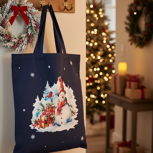 Sac tote bag de noël bleu marine et motif bonhomme de neige