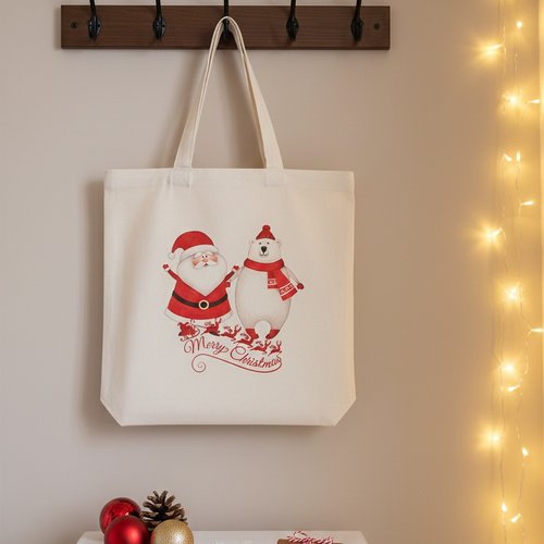 Sac tote bag de noël beige et motif père noël