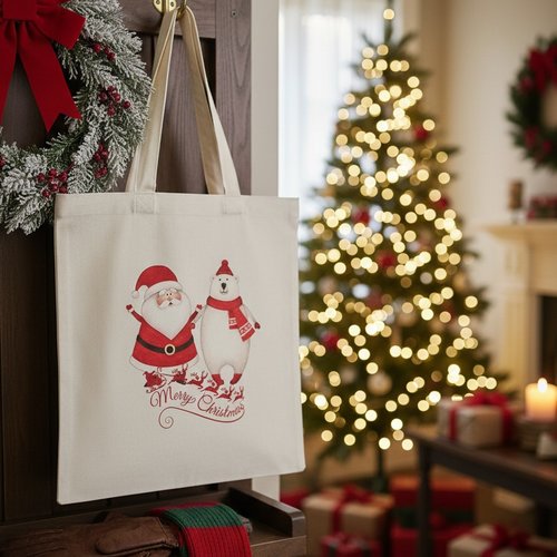 Sac tote bag de noël beige et motif père noël