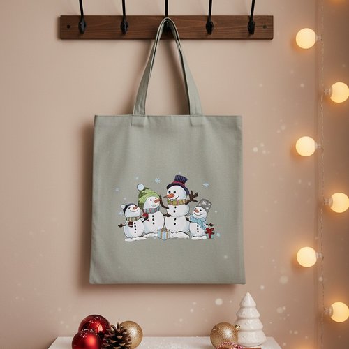 Sac tote bag de noël vert et motif bonhommes de neige