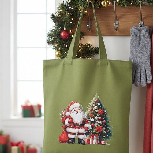 Sac tote bag de noël vert olive et motif père noël