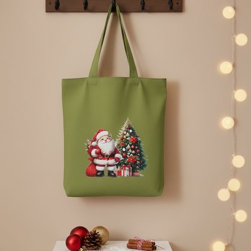 Sac tote bag de noël vert olive et motif père noël