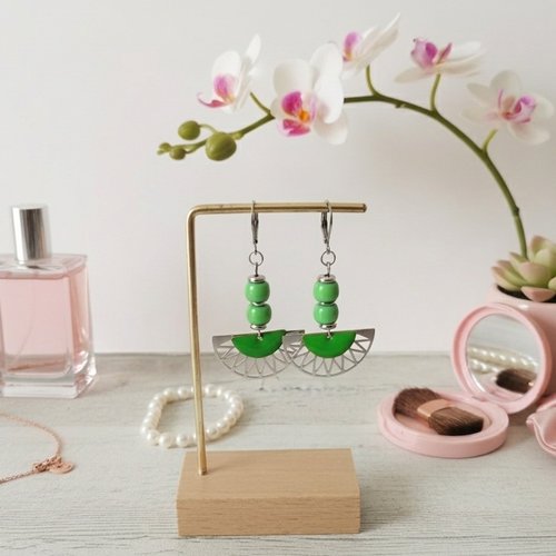 Boucles d'oreilles acier inoxydable et sequin émail vert
