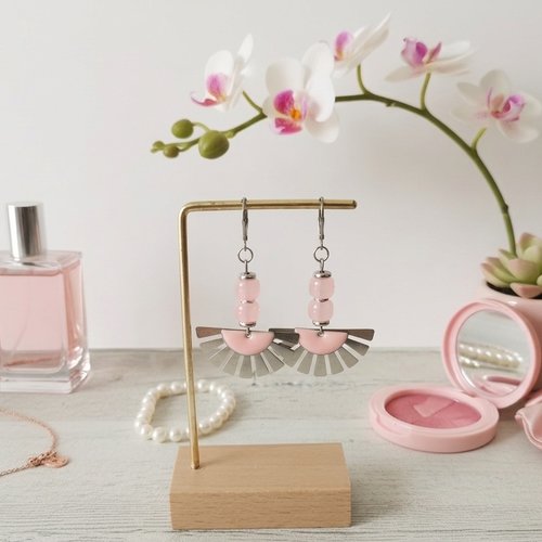 Boucles d'oreilles acier inoxydable et sequin émail rose