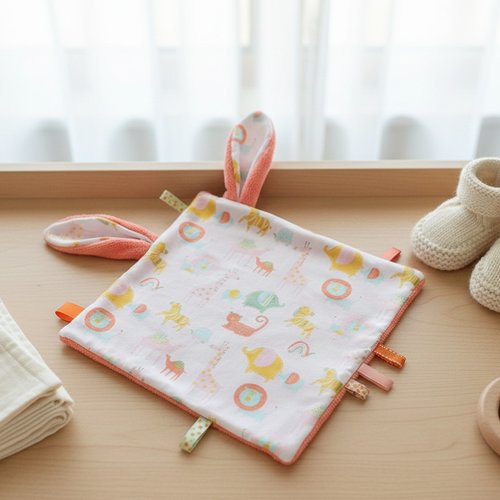 Doudou plat carré oreilles de lapin en coton motifs animaux