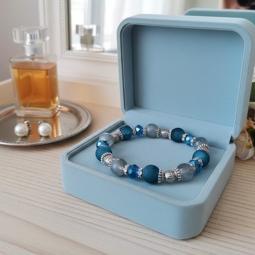 Bracelet perles en verre givré et craquelé bleue