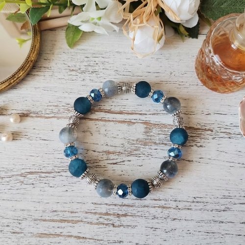 Bracelet perles en verre givré et craquelé bleue