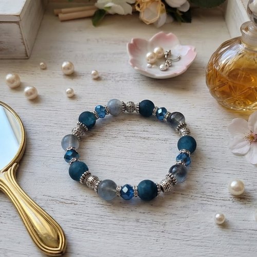 Bracelet perles en verre givré et craquelé bleue