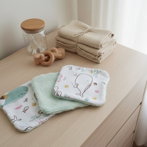 6 lingettes lavables pour bébé coton et éponge bambou