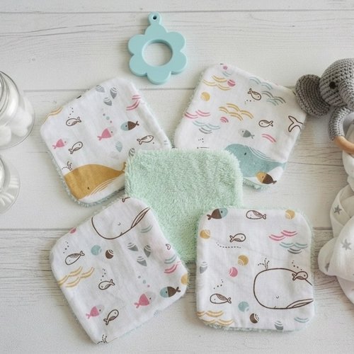 6 lingettes lavables pour bébé coton et éponge bambou