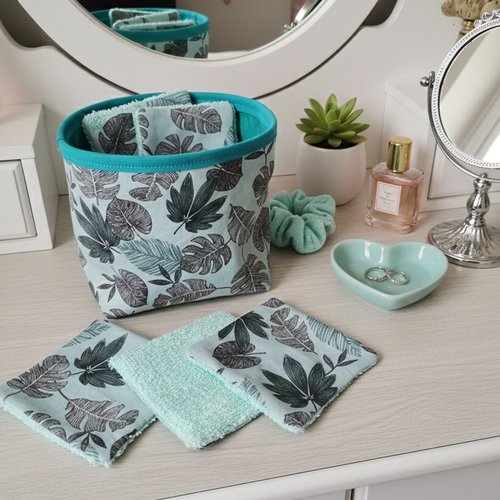 Lot de 12 lingettes démaquillantes et panier assorti - turquoise