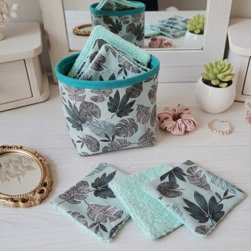 Lot de 12 lingettes démaquillantes et panier assorti - turquoise