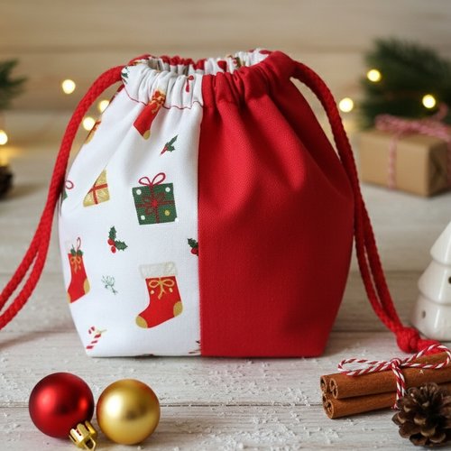 Petit sac pochon de noël à lien coulissant rouge et blanc