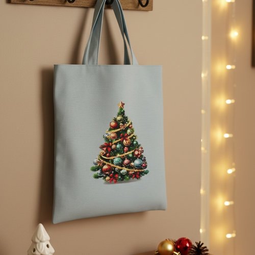 Sac tote bag de noël bleu ciel et motif sapin de noël