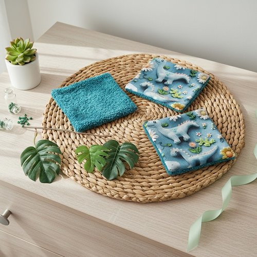 Boite de 8 lingettes bébé coton imprimé 3d bleu motifs dinosaures