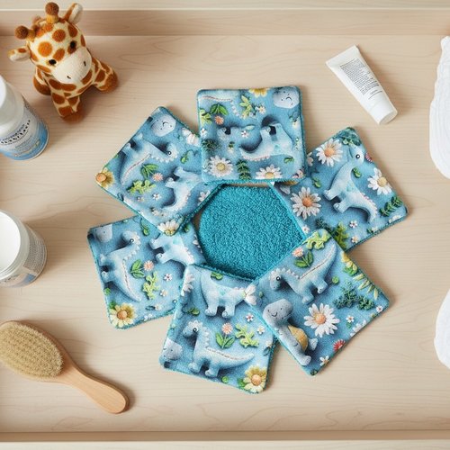 Lot de 8 lingettes bébé coton imprimé 3d bleu motifs dinosaures