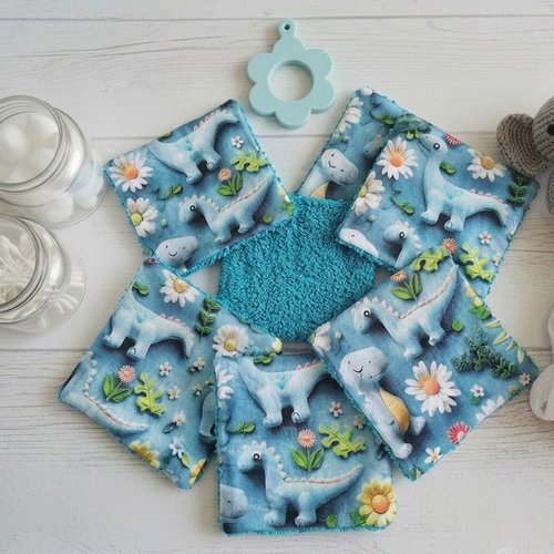 Lot de 8 lingettes bébé coton imprimé 3d bleu motifs dinosaures