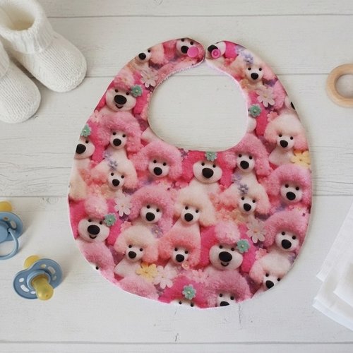Bavoir bébé coton imprimé 3d rose et motif caniches