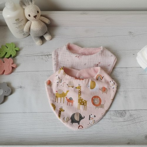 Lot de 2 bavoirs bébé double gaze/coton et éponge bambou