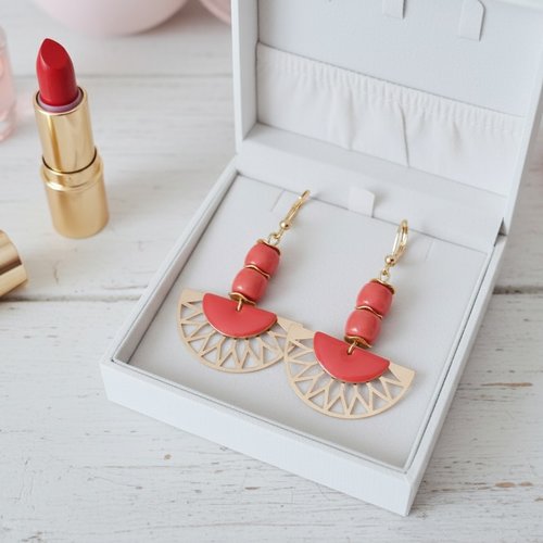 Boucles d'oreilles acier inoxydable et sequin émail corail