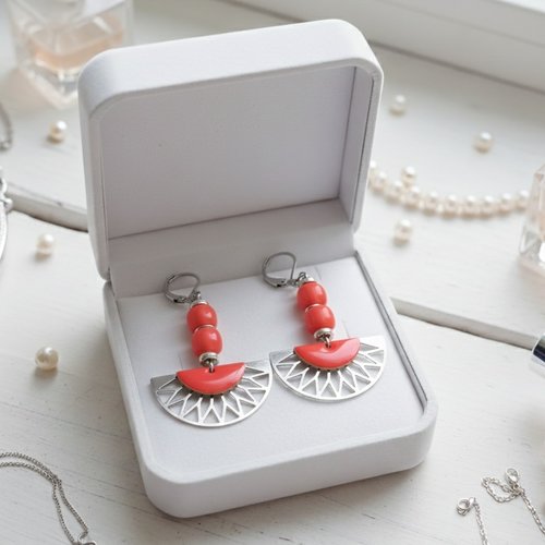Boucles d'oreilles acier inoxydable et sequin émail corail