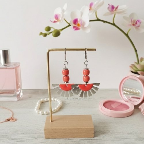 Boucles d'oreilles acier inoxydable et sequin émail corail