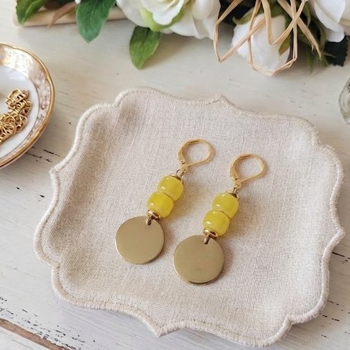Boucles d'oreilles acier inoxydable dorées et sequin émail