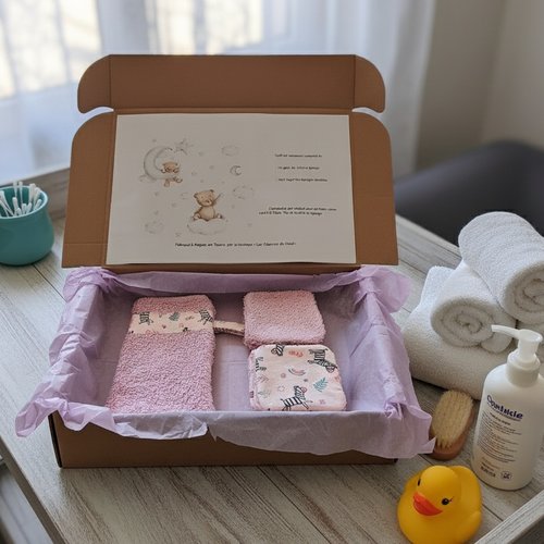 Box naissance gant et lingettes tissu coton et éponge
